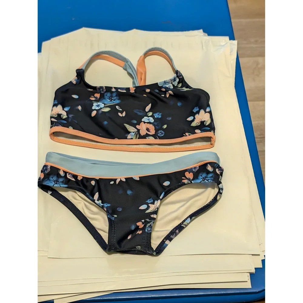 AV Collection Girls Navy Floral Bikini Two Piece Swimsuit Size 4 Racerback